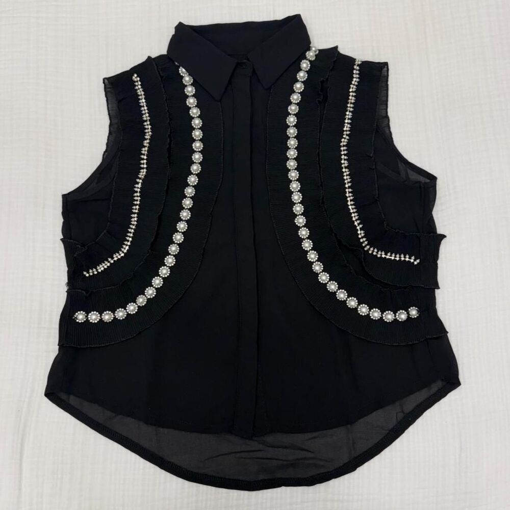 embellished ruffle black sleeveless blouse